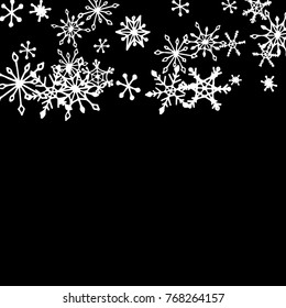 Falling Snowflakes for Christmas Decoration. Winter Background for New Year and Xmas Holidays. Vector Doodle Snowflakes. Black and White Winter Pattern with Falling Snow