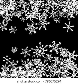 Falling Snowflakes for Christmas Decoration. Winter Background for New Year and Xmas Holidays. Vector Doodle Snowflakes. Black and White Winter Pattern with Falling Snow