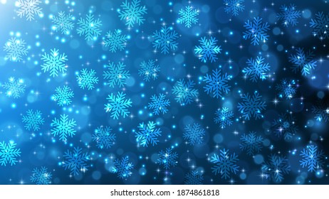 Falling snowflakes. Christmas festive background. Blue glitter stardust background. Vector illustration.