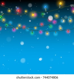 falling snowflakes and christmas lights decoration vector illustration
