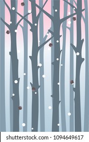 Falling snowflakes and conifers in the middle of the forest. Background with the image of tree trunks.