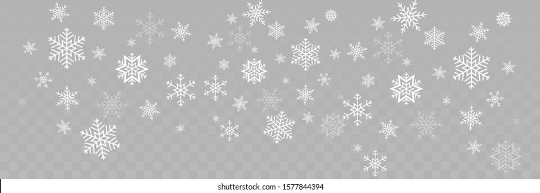 Falling Snowflakes different shape. Snowflakes, isolated on transparent background. Falling Snowflakes. Winter Christmas background. Realistic little Christmas Snow Panorama view. Vector illustration