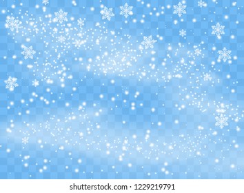 Falling snowflakes flakes on isolated background, Blizzard with wind. Overlay design element. Christmas decoration. Vector illustration.