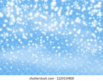 Falling snowflakes flakes on isolated background, Blizzard with wind. Overlay design element. Christmas decoration. Vector illustration.