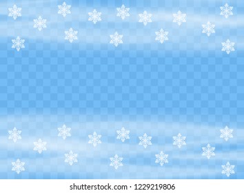 Falling snowflakes flakes on isolated background, Blizzard with wind. Overlay design element. Christmas decoration. Vector illustration.