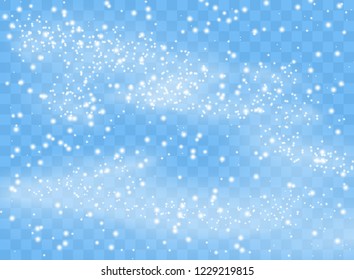 Falling snowflakes flakes on isolated background, Blizzard with wind. Overlay design element. Christmas decoration. Vector illustration.