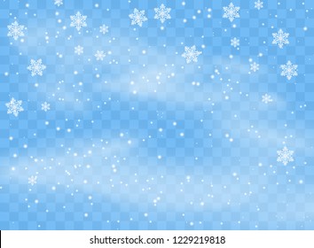 Falling snowflakes flakes on isolated background, Blizzard with wind. Overlay design element. Christmas decoration. Vector illustration.