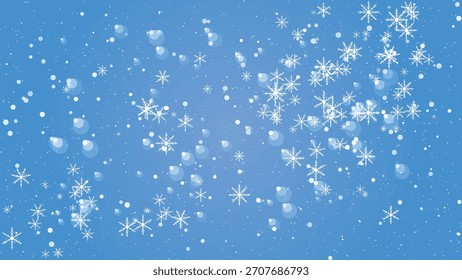 Falling snowflakes and gentle snow dots on a bright blue background