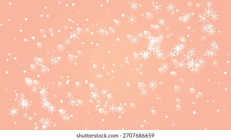 Falling snowflakes and glitter sparkles on a soft peachy gradient background