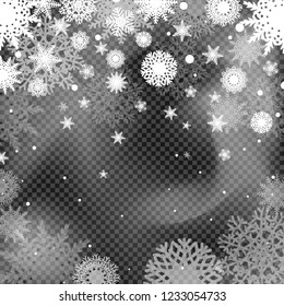 Falling snowflakes isolated on transparent background. Winter and Christmas Xmas snow frame. 