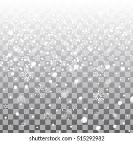 Falling snowflakes isolated on a transparent background. Vector Christmas background with white snowflakes falling.