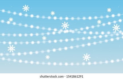Falling snowflakes and luminous garlands, vector art illustration.