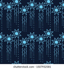 Falling snowflakes in the night sky, hand drawn seamless pattern. Vector illustration. Design for fabric, paper, decoration of other surfaces