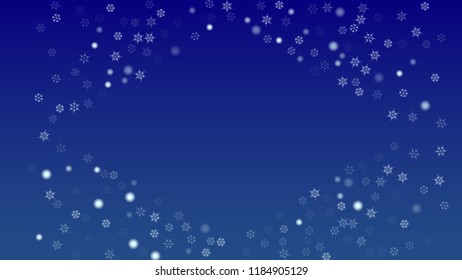 Falling Snowflakes on a Blue Background. Element of Design with Snow for a Postcard, Invitation Card, Banner, Flyer.  Vector 

