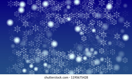 Falling Snowflakes on a Blue Background. Element of Design with Snow for a Postcard, Invitation Card, Banner, Flyer.  Vector 

