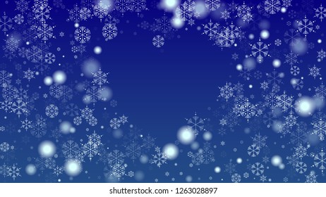 Falling Snowflakes on a Blue Background. Element of Design with Snow for a Postcard, Invitation Card, Banner, Flyer.  Vector Snowflakes Christmas Background

