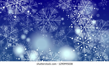 Falling Snowflakes on a Blue Background. Element of Design with Snow for a Postcard, Invitation Card, Banner, Flyer.  Vector 

