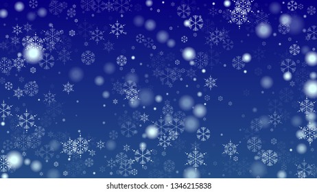 Cae copos de nieve en un fondo azul. Elemento de diseño con nieve para una postal, tarjeta de invitación, pancarta, volante.  Vector Snowflakes Fondo de Navidad

