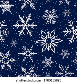 Falling snowflakes on blue background. Seamless pattern snowflake. Design texture winter season for prints. Handdrawn snowflakes. Repeat snow flakes. Snowflake in doodle style. Vector illustration 