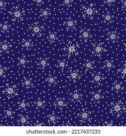 Falling snowflakes on blue background. Seamless pattern snowflake. Design texture winter season for prints. Handdrawn snowflakes. Repeat snow flakes. Snowflake in doodle style. Vector illustration