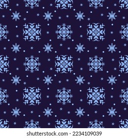 Falling snowflakes on blue background, seamless pattern snowflake.