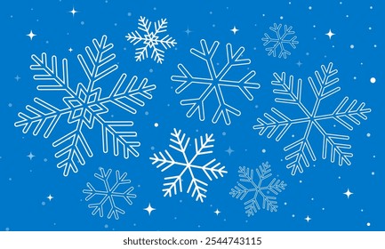 Copos de nieve que caen sobre fondo azul. Elementos decorativos de copos de nieve para Navidades. Clima de nevadas. Ilustración vectorial.