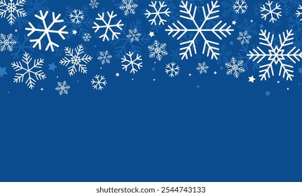 Flocos de neve caídos sobre fundo azul. Flocos de neve elementos decorativos para o Natal. Tempo de queda de neve. Ilustração vetorial.