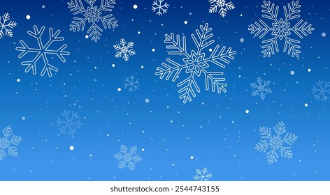Falling snowflakes on blue background. Snowflakes decorative elements for Christmas. Snowfall weather. Vector illustration.