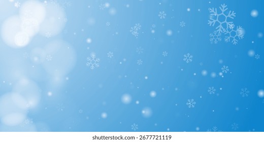 Falling snowflakes on blue background, winter overlay effect for festive design. Vector illustration. Christmas Snow design.