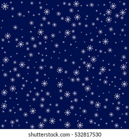 Falling snowflakes on blue background. Christmas and New Year concept vector background. Winter seasonal backdrop.