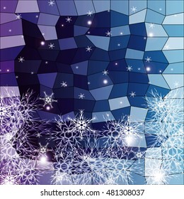 Falling snowflakes on a blue and purple background with polygonal elements. vector illustration. graphic arts and design. a series of images for the new year and Christmas