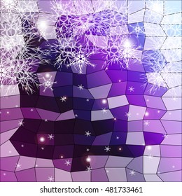 Falling snowflakes on a blue and purple background with polygonal elements. vector illustration. graphic arts and design. a series of images for the new year and Christmas