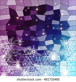 Falling snowflakes on a blue and purple background with polygonal elements. vector illustration. graphic arts and design. a series of images for the new year and Christmas