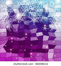 Falling snowflakes on a blue and purple background with polygonal elements. vector illustration. graphic arts and design. a series of images for the new year and Christmas