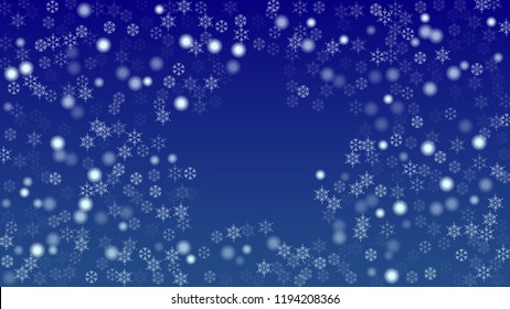 Falling Snowflakes on Christmas Background.  Element of Design with Snow for a Postcard, Invitation Card, Banner, Flyer.  Vector Falling Snowflakes on a Blue Winter Background
