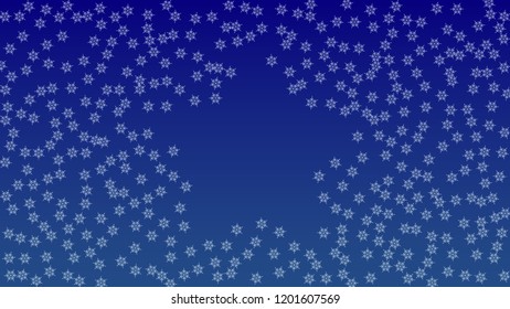 Falling Snowflakes on Christmas Background.  Element of Design with Snow for a Postcard, Invitation Card, Banner, Flyer.  Vector Falling Snowflakes on a Blue Winter Background

