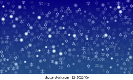 Falling Snowflakes on Christmas Background.  Element of Design with Snow for a Postcard, Invitation Card, Banner, Flyer.  Vector Falling Snowflakes on a Blue Winter Background
