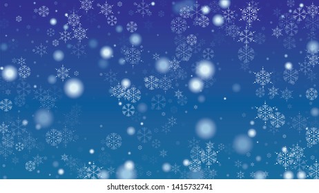 Falling Snowflakes on Christmas Background.  Element of Design with Snow for a Postcard, Invitation Card, Banner, Flyer.  Vector Falling Snowflakes on a Blue Winter Background
