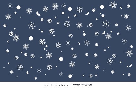 Falling snowflakes on dark blue background. Snowfall vector illustration.