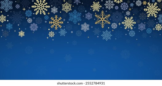 Copos de nieve que caen sobre un fondo azul oscuro. Copos de nieve de colores dispersos con estrellas. Nevadas de invierno.