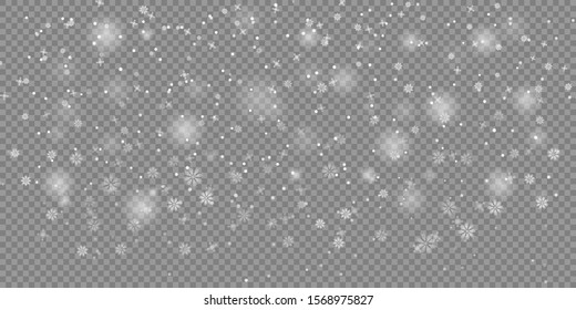 Falling snowflakes on grey background. Snowfall. Snow background. Christmas snow. New Year Celebration Snowflakes Pattern. Winter Ad Decoration.