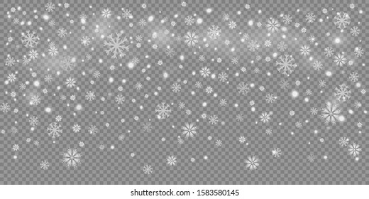 Falling snowflakes on grey background. Snowfall. Snow background. Christmas snow. New Year Celebration Snowflakes Pattern. Winter Ad Decoration.