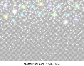 Falling snowflakes on isolated background. Overlay design element. Christmas decorations. Vector illustration.
