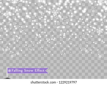 Falling snowflakes on isolated background. Overlay design element. Christmas decorations. Vector illustration.