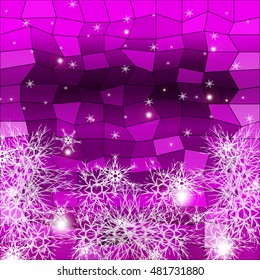 Falling snowflakes on a purple background with polygonal elements. vector illustration. graphic arts and design. a series of images for the new year and Christmas
