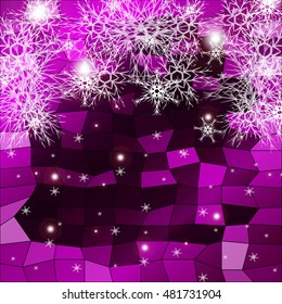 Falling snowflakes on a purple background with polygonal elements. vector illustration. graphic arts and design. a series of images for the new year and Christmas