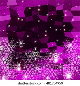 Falling snowflakes on a purple background with polygonal elements. vector illustration. graphic arts and design. a series of images for the new year and Christmas