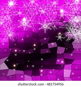 Falling snowflakes on a purple background with polygonal elements. vector illustration. graphic arts and design. a series of images for the new year and Christmas