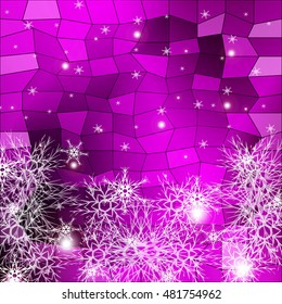 Falling snowflakes on a purple background with polygonal elements. vector illustration. graphic arts and design. a series of images for the new year and Christmas