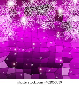 Falling snowflakes on a purple background with polygonal elements. vector illustration. graphic arts and design. a series of images for the new year and Christmas